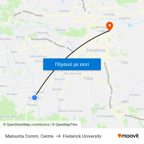Malounta Comm. Centre to Frederick University map