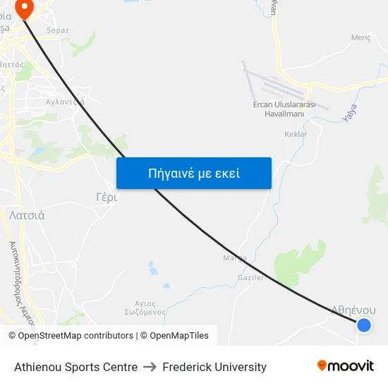 Athienou Sports Centre to Frederick University map