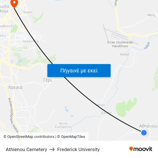 Athienou Cemetery to Frederick University map