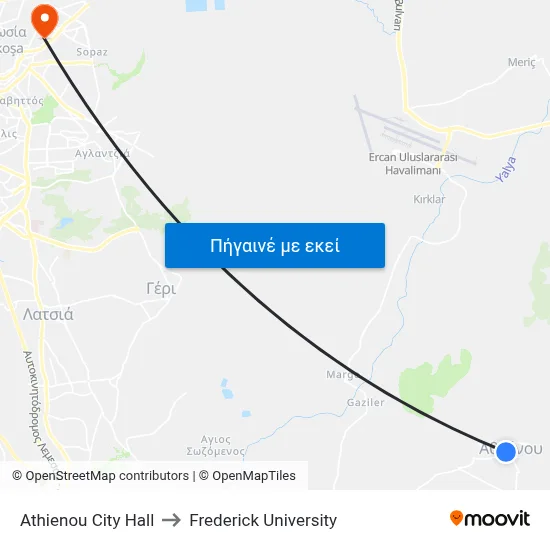 Athienou City Hall to Frederick University map