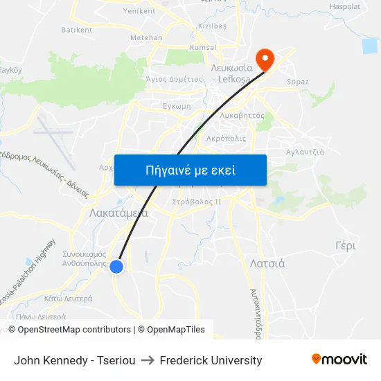 John Kennedy - Tseriou to Frederick University map
