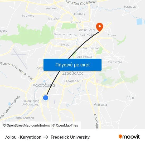 Axiou - Karyatidon to Frederick University map