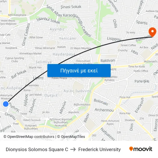 Dionysios Solomos Square C to Frederick University map