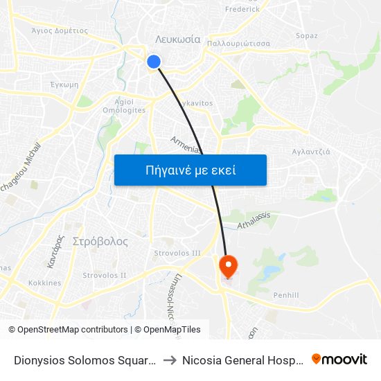Dionysios Solomos Square B to Nicosia General Hospital map