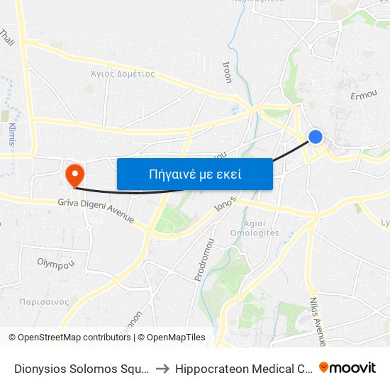 Dionysios Solomos Square B to Hippocrateon Medical Center map