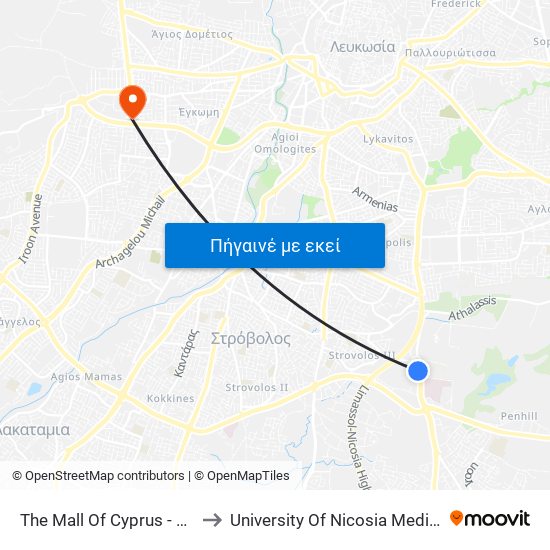 The Mall Of Cyprus - Βεργίνας to University Of Nicosia Medical School map