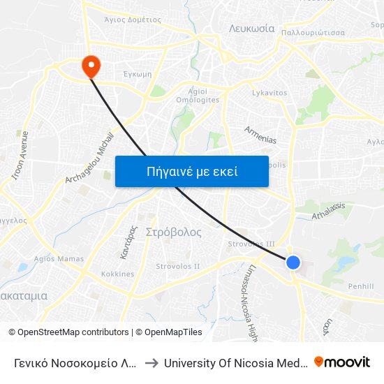 Γενικό Νοσοκομείο Λευκωσίας to University Of Nicosia Medical School map
