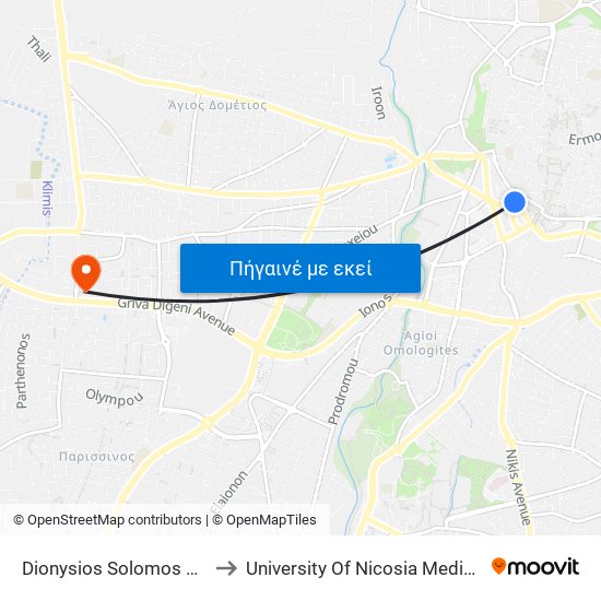 Dionysios Solomos Square B to University Of Nicosia Medical School map