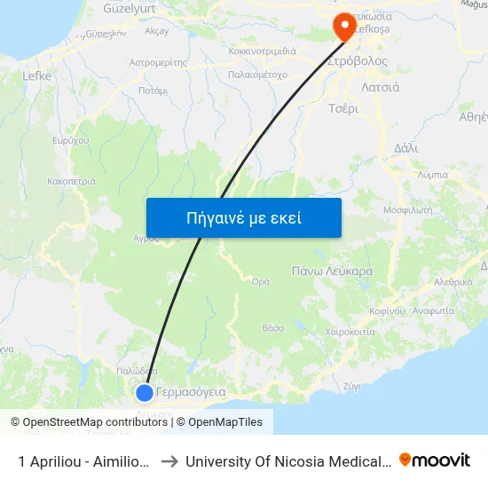 1 Apriliou - Aimiliou Zola to University Of Nicosia Medical School map