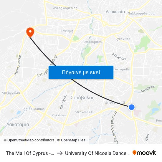 The Mall Of Cyprus - Βεργίνας to University Of Nicosia Dance Department map