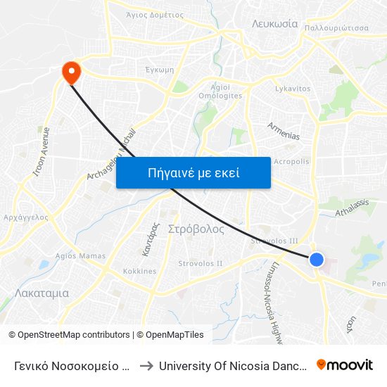 Γενικό Νοσοκομείο Λευκωσίας to University Of Nicosia Dance Department map