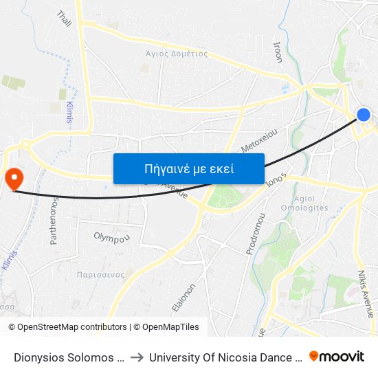 Dionysios Solomos Square B to University Of Nicosia Dance Department map