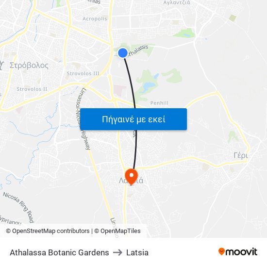 Athalassa Botanic Gardens to Latsia map