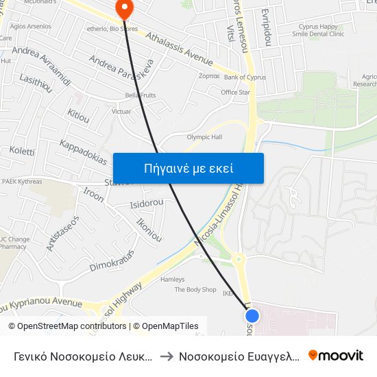 Γενικό Νοσοκομείο Λευκωσίας to Νοσοκομείο Ευαγγελισμός map