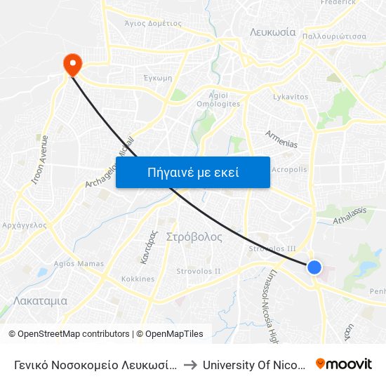 Γενικό Νοσοκομείο Λευκωσίας to University Of Nicosia map