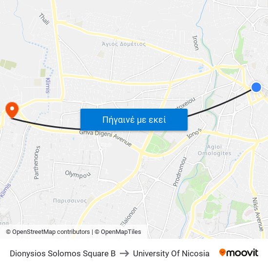 Dionysios Solomos Square B to University Of Nicosia map