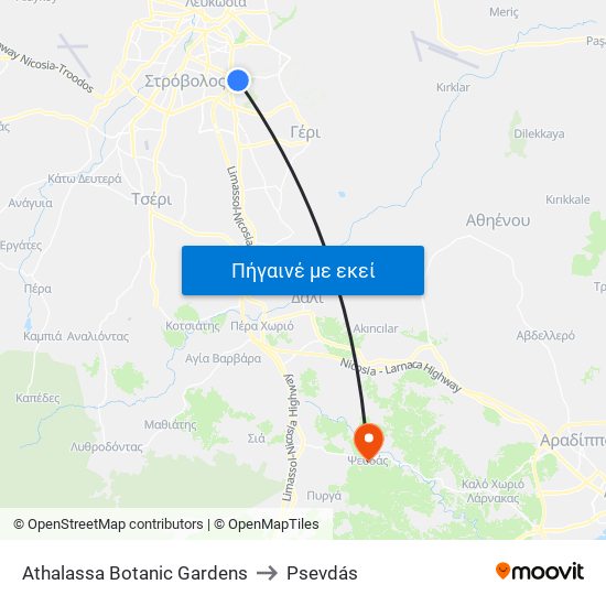 Athalassa Botanic Gardens to Psevdás map