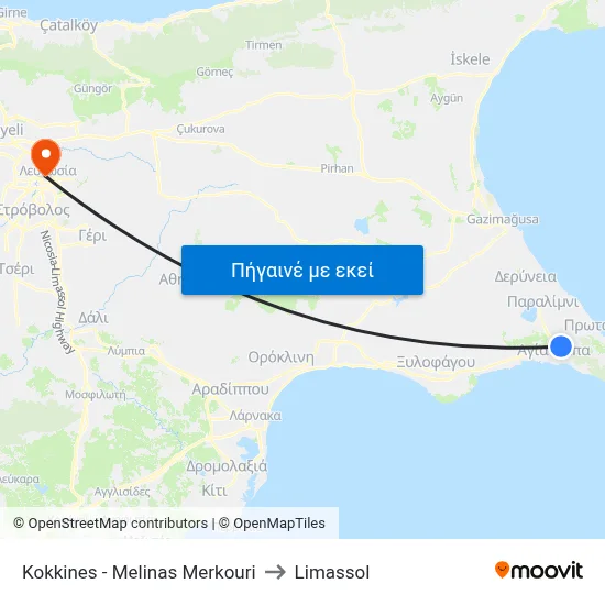 Kokkines - Melinas Merkouri to Limassol map