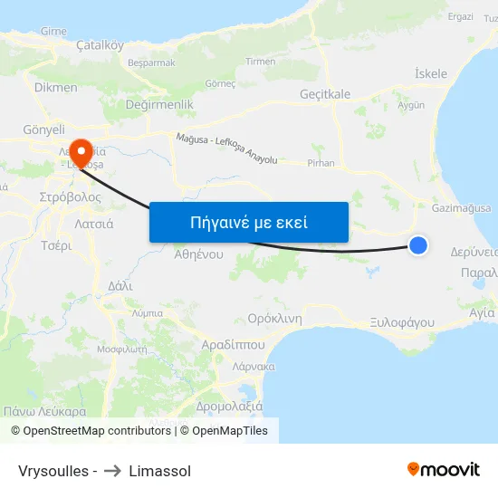 Vrysoulles - to Limassol map