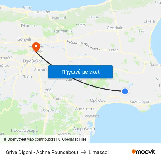 Griva Digeni - Achna Roundabout to Limassol map
