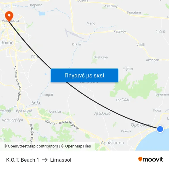 K.O.T. Beach to Limassol map