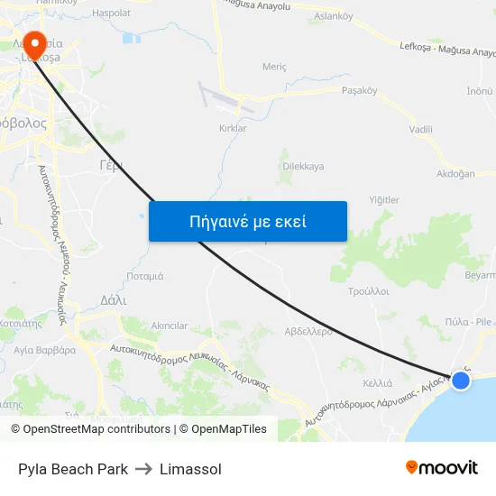 Pyla Beach Park to Limassol map