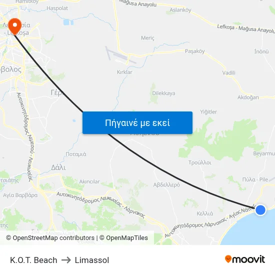 K.O.T. Beach to Limassol map