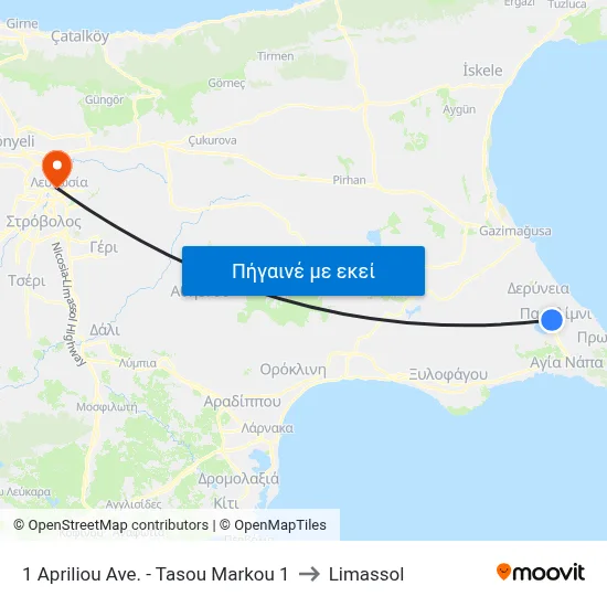 1 Apriliou Ave. - Tasou Markou to Limassol map