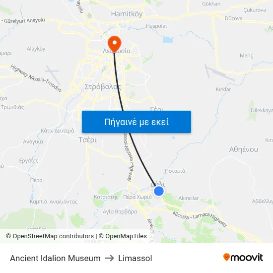 Ancient Idalion Museum to Limassol map