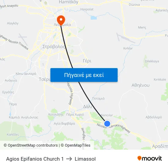 Ag. Epifanios Church to Limassol map