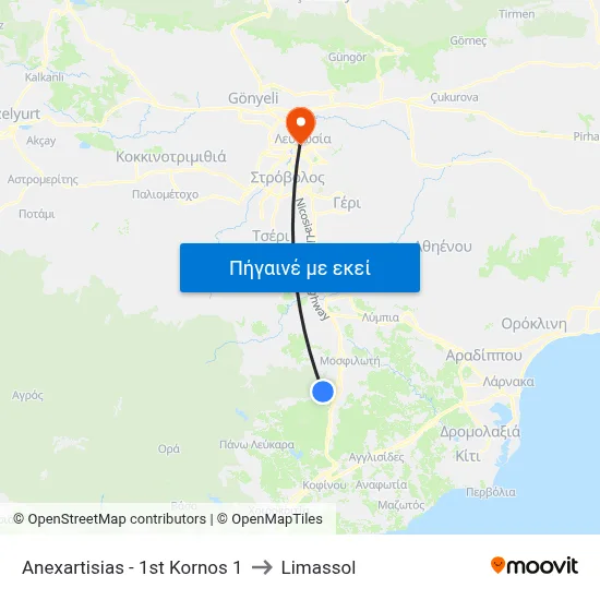 Anexartisias - 1st Kornos 1 to Limassol map