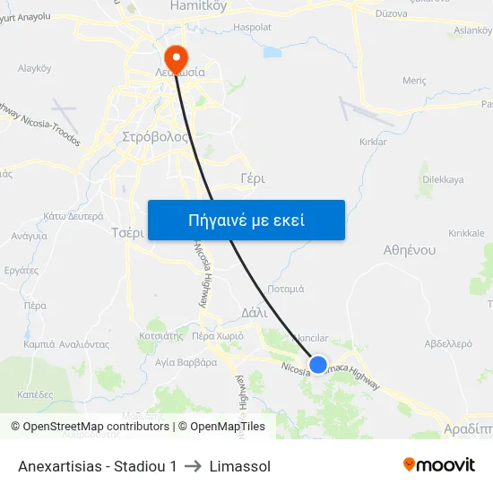 Anexartisias - Stadiou to Limassol map