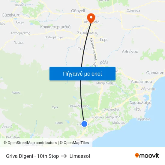 Griva Digeni - 10th Stop to Limassol map