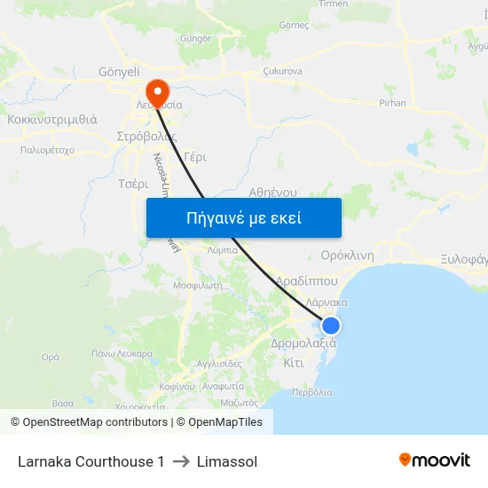 Larnaka Courthouse to Limassol map