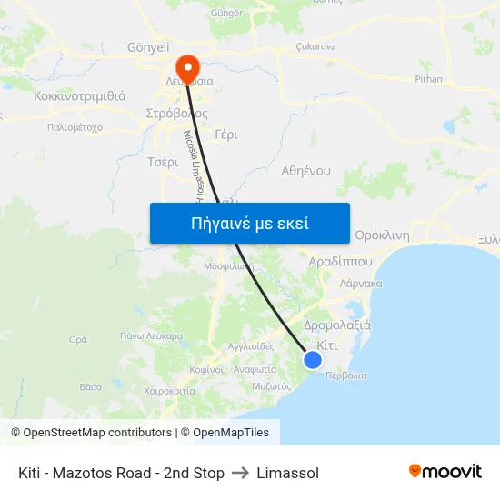Kiti - Mazotos Road - 2nd Stop to Limassol map