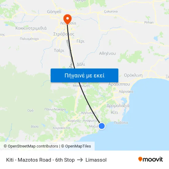 Kiti - Mazotos Road - 6th Stop to Limassol map