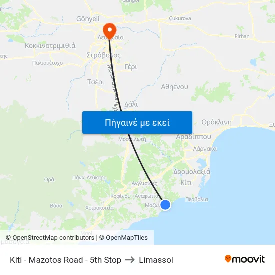 Kiti - Mazotos Road - 5th Stop to Limassol map