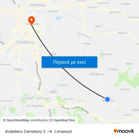 Avdellero Cemetery to Limassol map