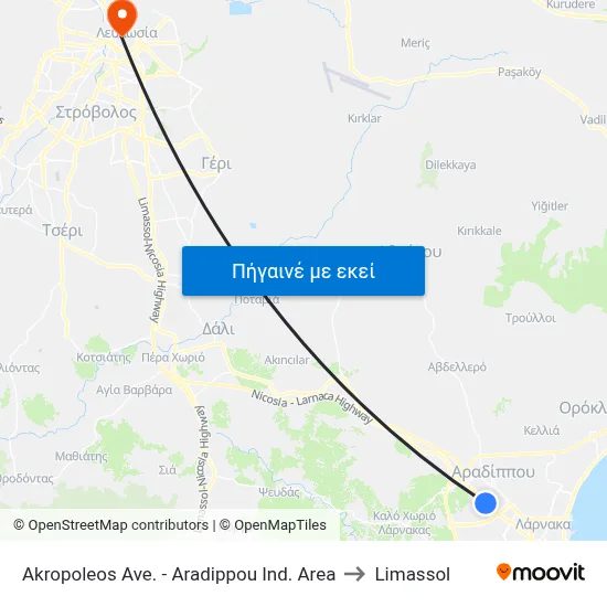 Akropoleos Ave. - Aradippou Ind. Area to Limassol map