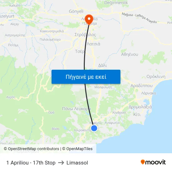 1 Apriliou - 17th Stop to Limassol map