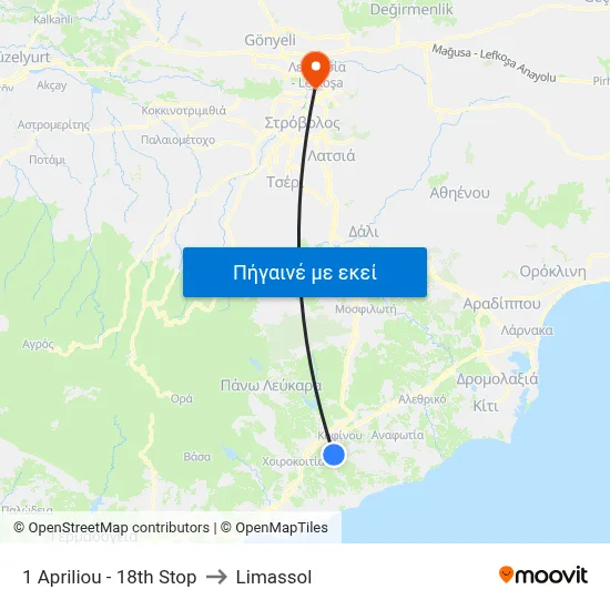 1 Apriliou - 18th Stop to Limassol map