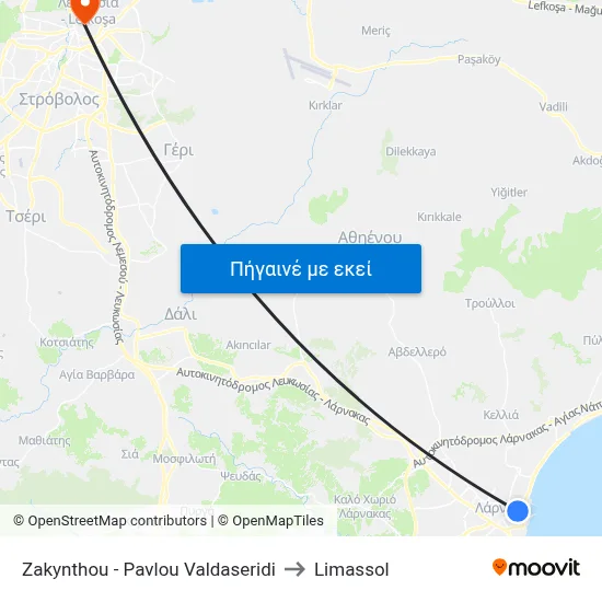 Zakynthou - Pavlou Valdaseridi to Limassol map