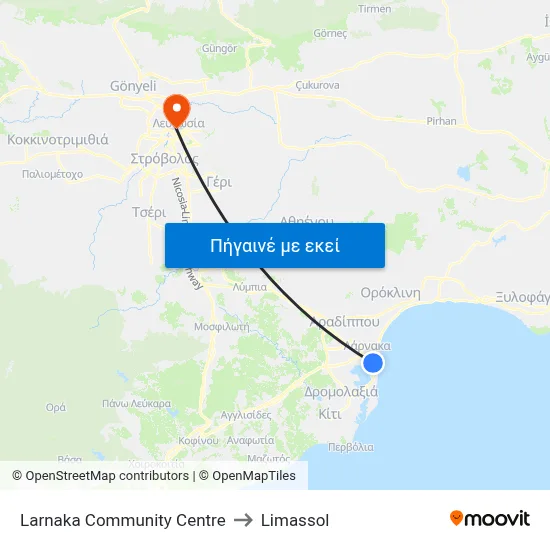 Larnaka Community Centre to Limassol map