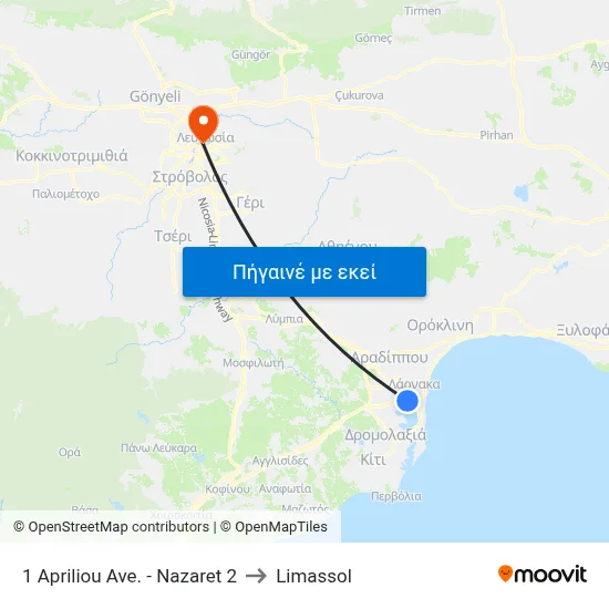 1 Apriliou Ave. - Nazaret 2 to Limassol map