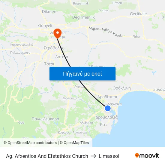 Ag. Afxentios And Efstathios Church to Limassol map