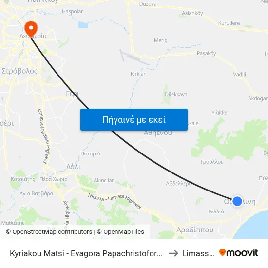 Kyriakou Matsi - Evagora Papachristoforou to Limassol map