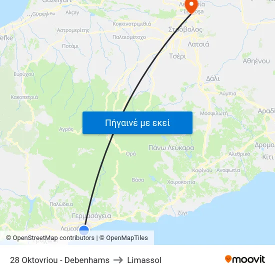 28 Oktovriou - Debenhams to Limassol map