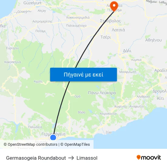 Germasogeia Roundabout to Limassol map