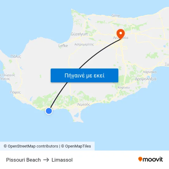 Pissouri Beach to Limassol map