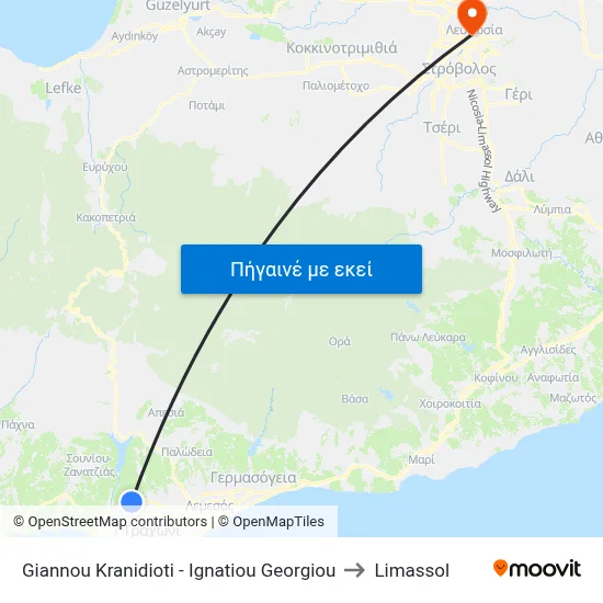 Giannou Kranidioti - Ignatiou Georgiou to Limassol map